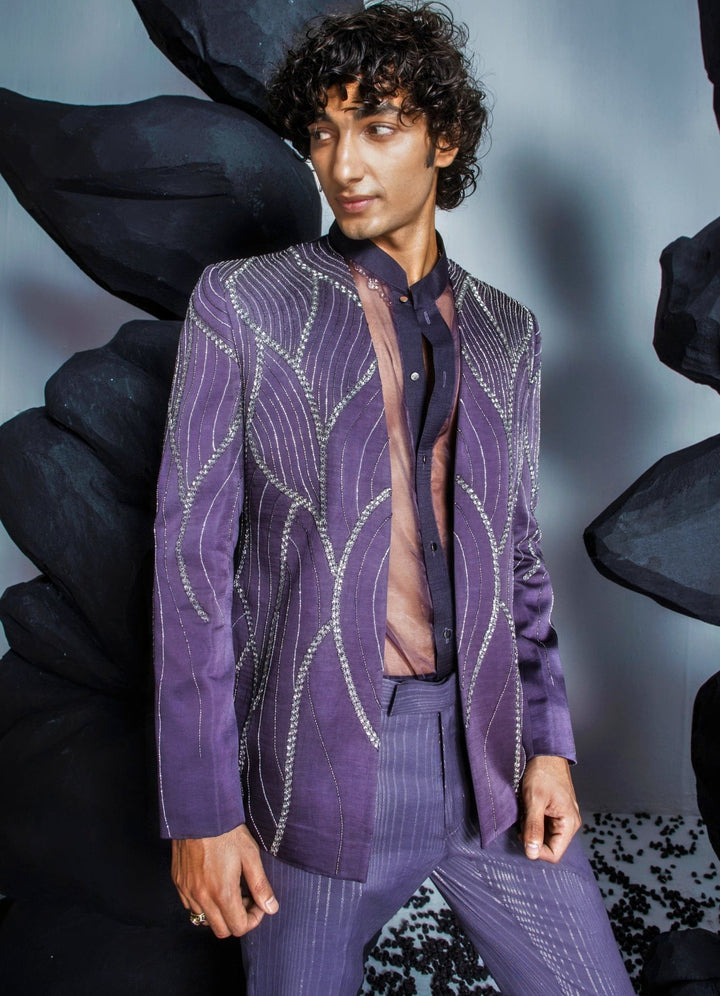 Deep Purple Embellished Jacket Set With Organza Shirt Contrast By Parth - Fabilicious Fashion