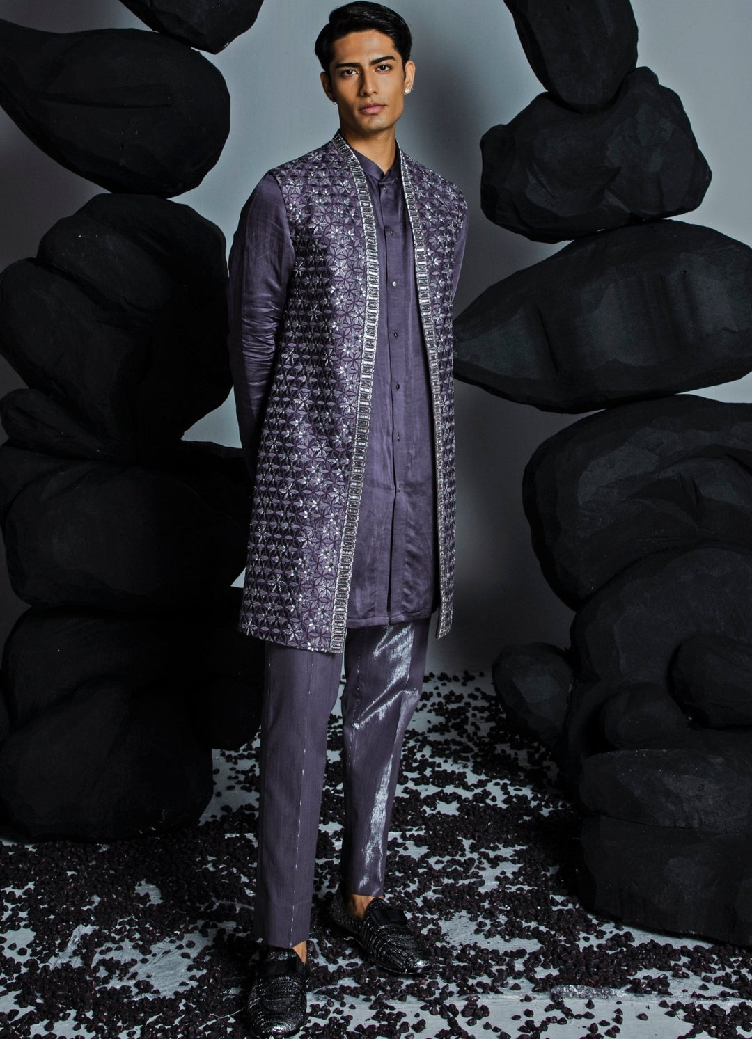 Deep Purple Floral Shrug Set With Textured Pant Contrast By Parth - Fabilicious Fashion