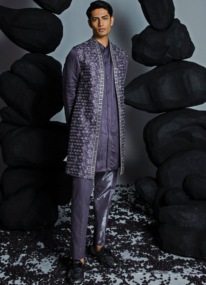 Deep Purple Floral Shrug Set With Textured Pant Contrast By Parth - Fabilicious Fashion