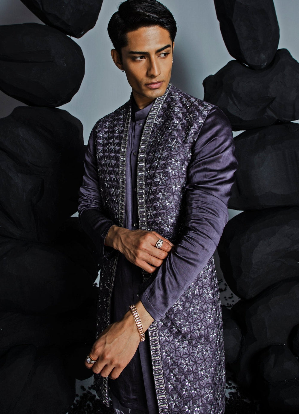 Deep Purple Floral Shrug Set With Textured Pant Contrast By Parth - Fabilicious Fashion