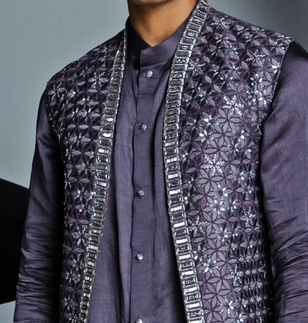 Deep Purple Floral Shrug Set With Textured Pant Contrast By Parth - Fabilicious Fashion