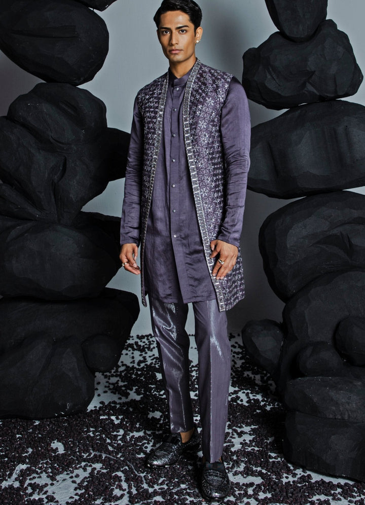 Deep Purple Floral Shrug Set With Textured Pant Contrast By Parth - Fabilicious Fashion