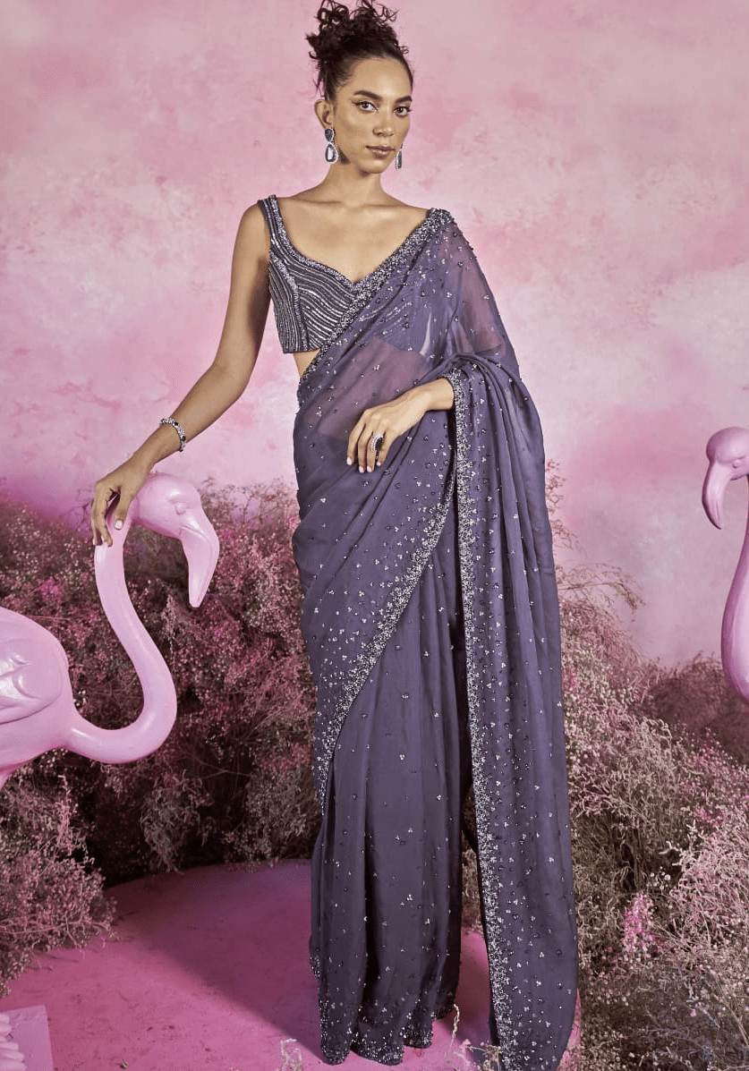 Deep Purple Sequinned Pre Draped Organza Saree Parul Gandhi - Fabilicious Fashion