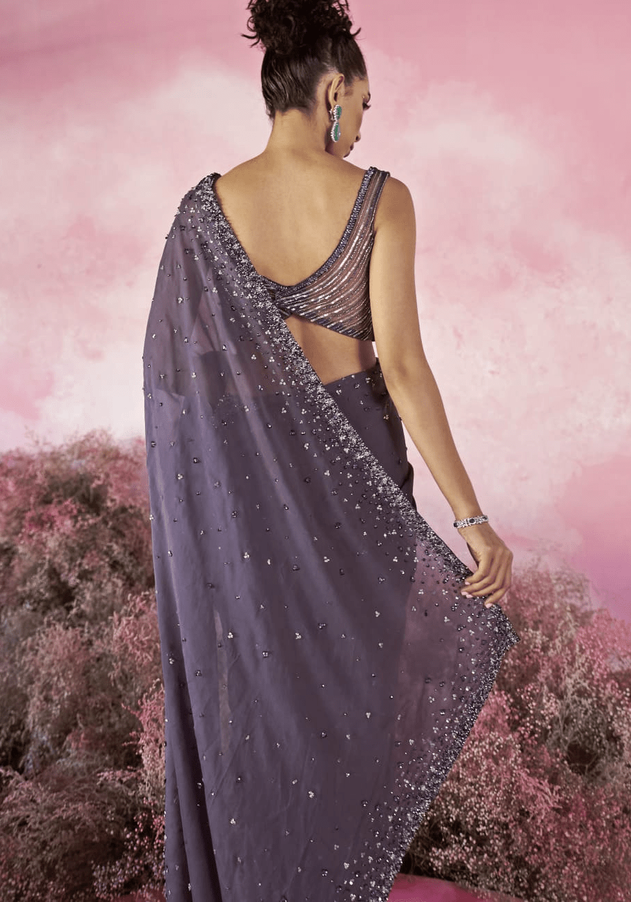 Deep Purple Sequinned Pre Draped Organza Saree Parul Gandhi - Fabilicious Fashion