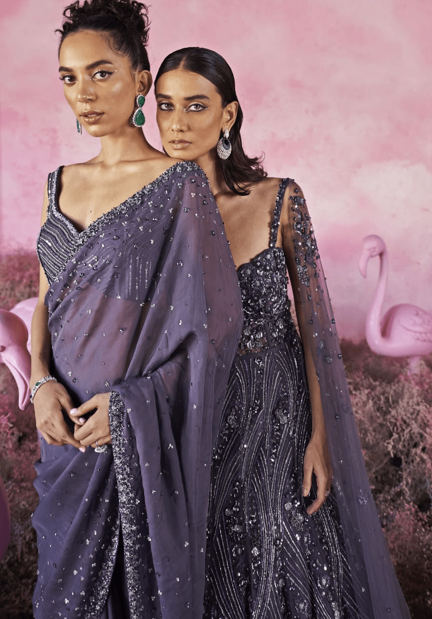 Deep Purple Sequinned Pre Draped Organza Saree Parul Gandhi - Fabilicious Fashion