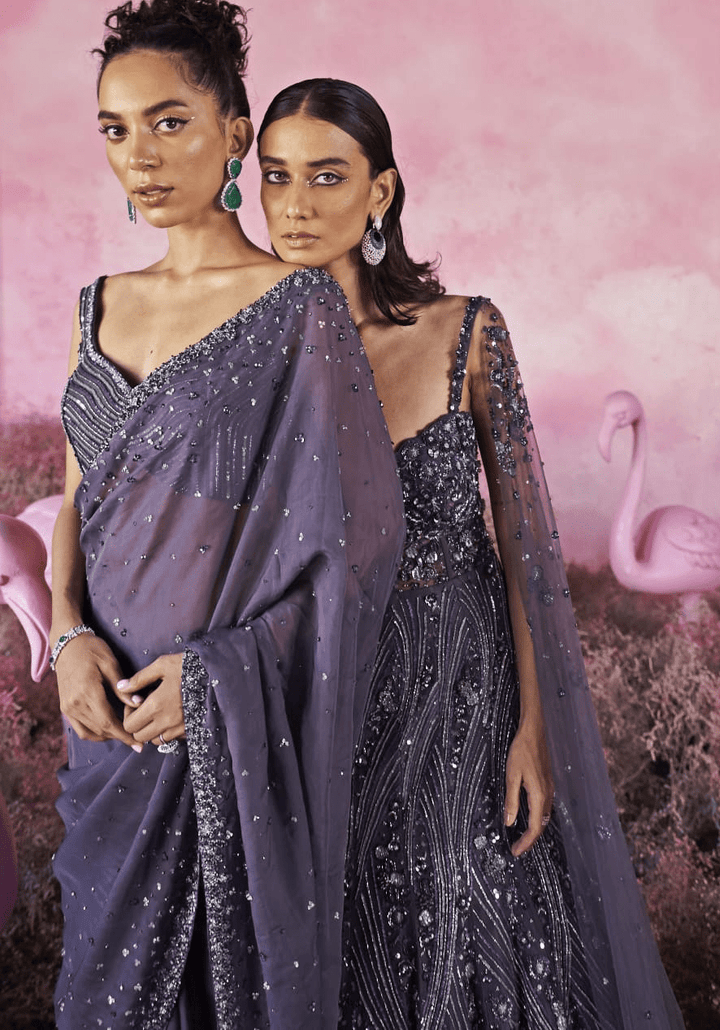 Deep Purple Sequinned Pre Draped Organza Saree Parul Gandhi - Fabilicious Fashion
