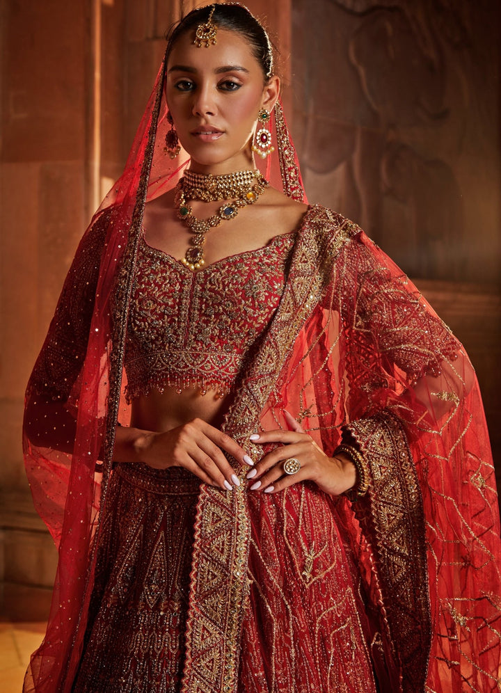 Deep Red Raw Silk Bridal Lehenga Set with Optional Tulle Veil Nitika Gujral - Fabilicious Fashion