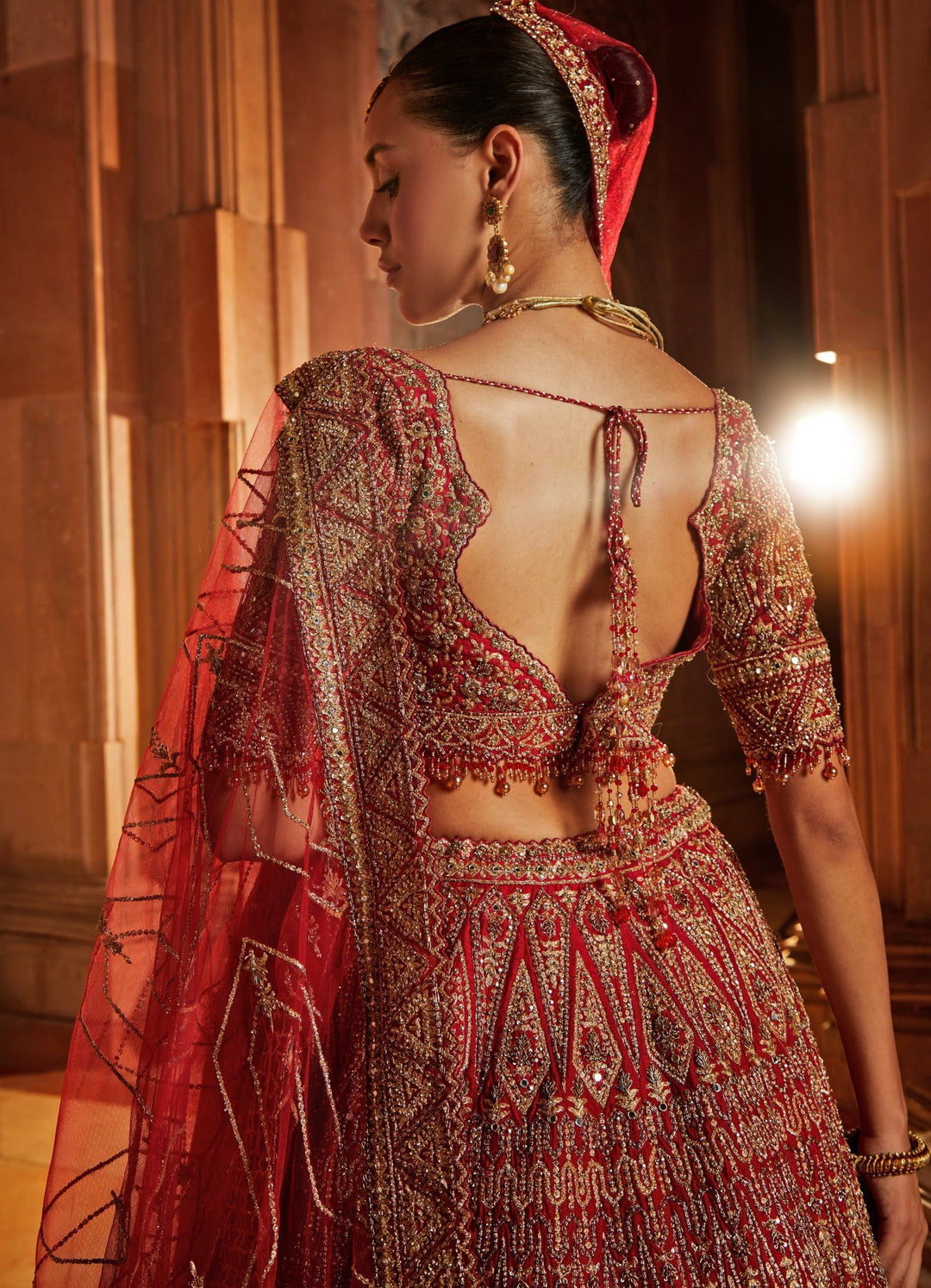 Deep Red Raw Silk Bridal Lehenga Set with Optional Tulle Veil Nitika Gujral - Fabilicious Fashion