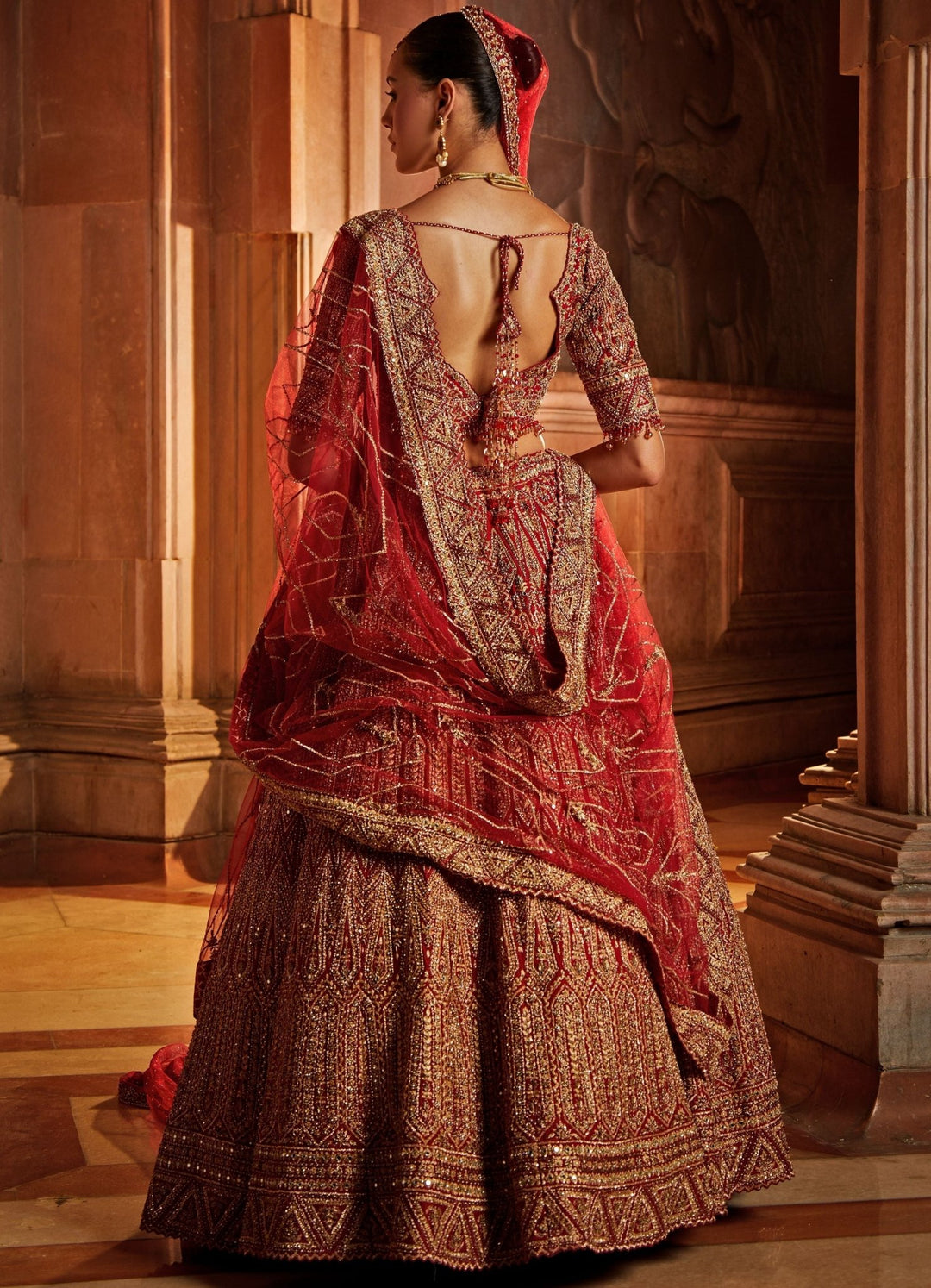 Deep Red Raw Silk Bridal Lehenga Set with Optional Tulle Veil Nitika Gujral - Fabilicious Fashion