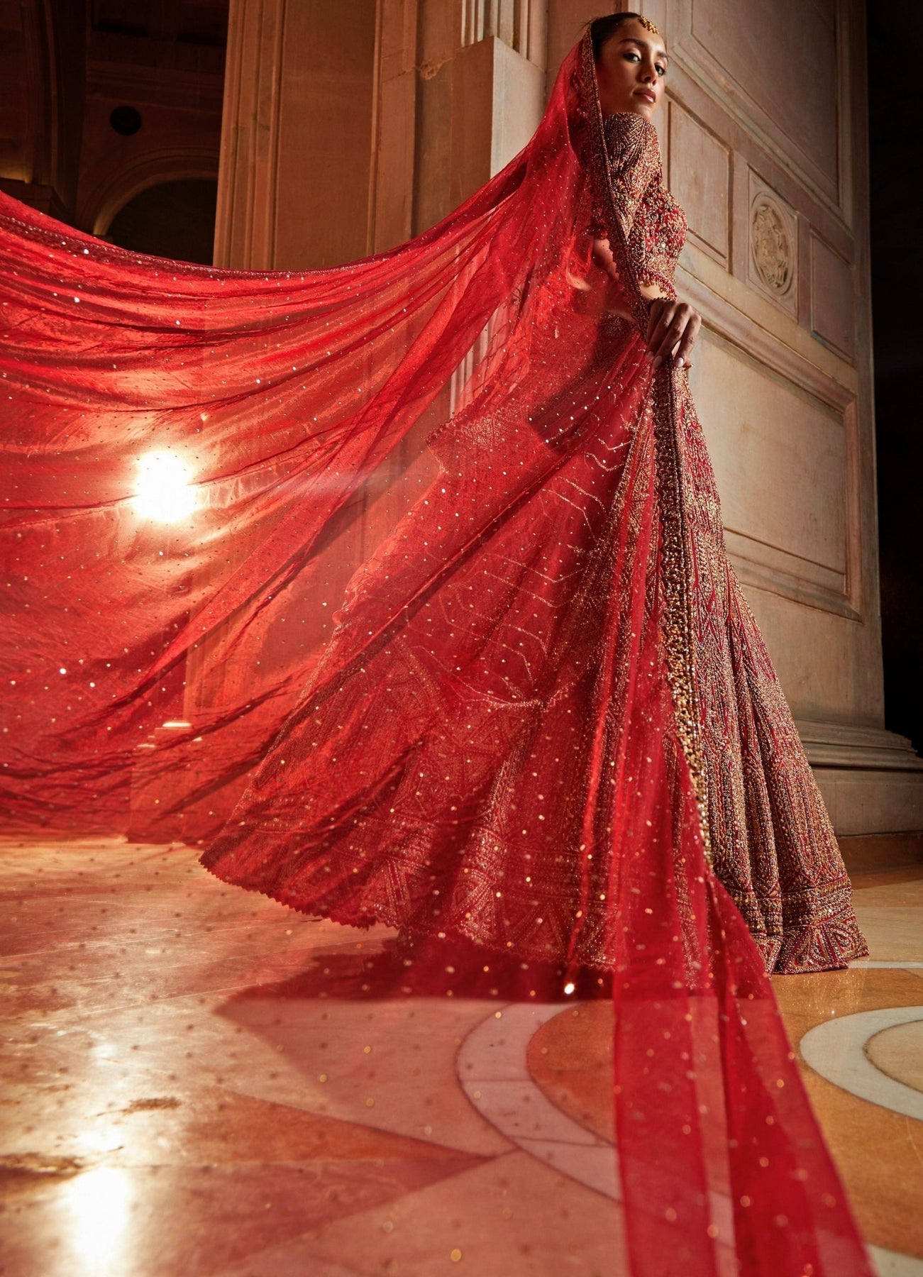 Deep Red Raw Silk Bridal Lehenga Set with Optional Tulle Veil Nitika Gujral Fabilicious Fashion