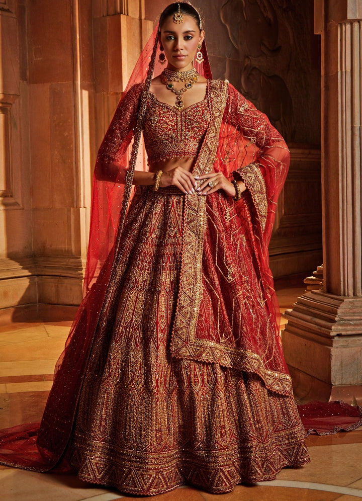 Deep Red Raw Silk Bridal Lehenga Set with Optional Tulle Veil Nitika Gujral - Fabilicious Fashion