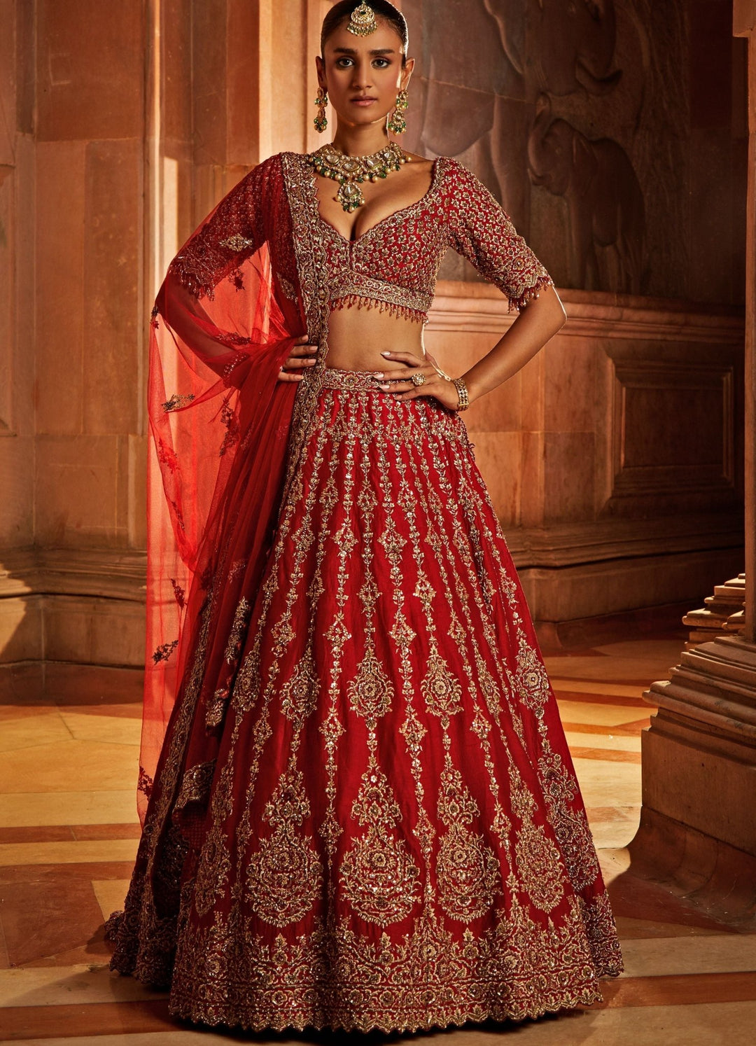 Deep Red Raw Silk Bridal Lehenga Set Nitika Gujral - Fabilicious Fashion