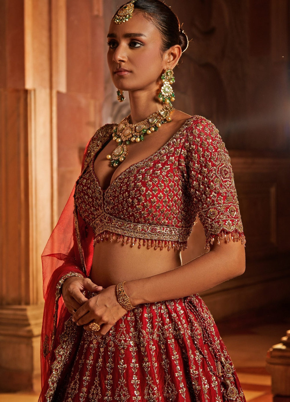 Deep Red Raw Silk Bridal Lehenga Set Nitika Gujral - Fabilicious Fashion