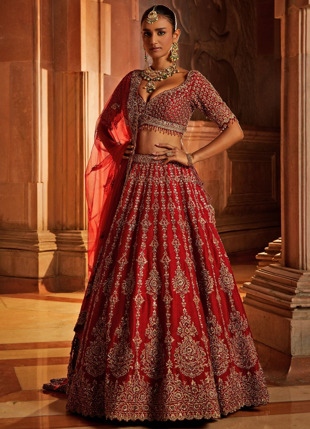 Deep Red Raw Silk Bridal Lehenga Set Nitika Gujral - Fabilicious Fashion