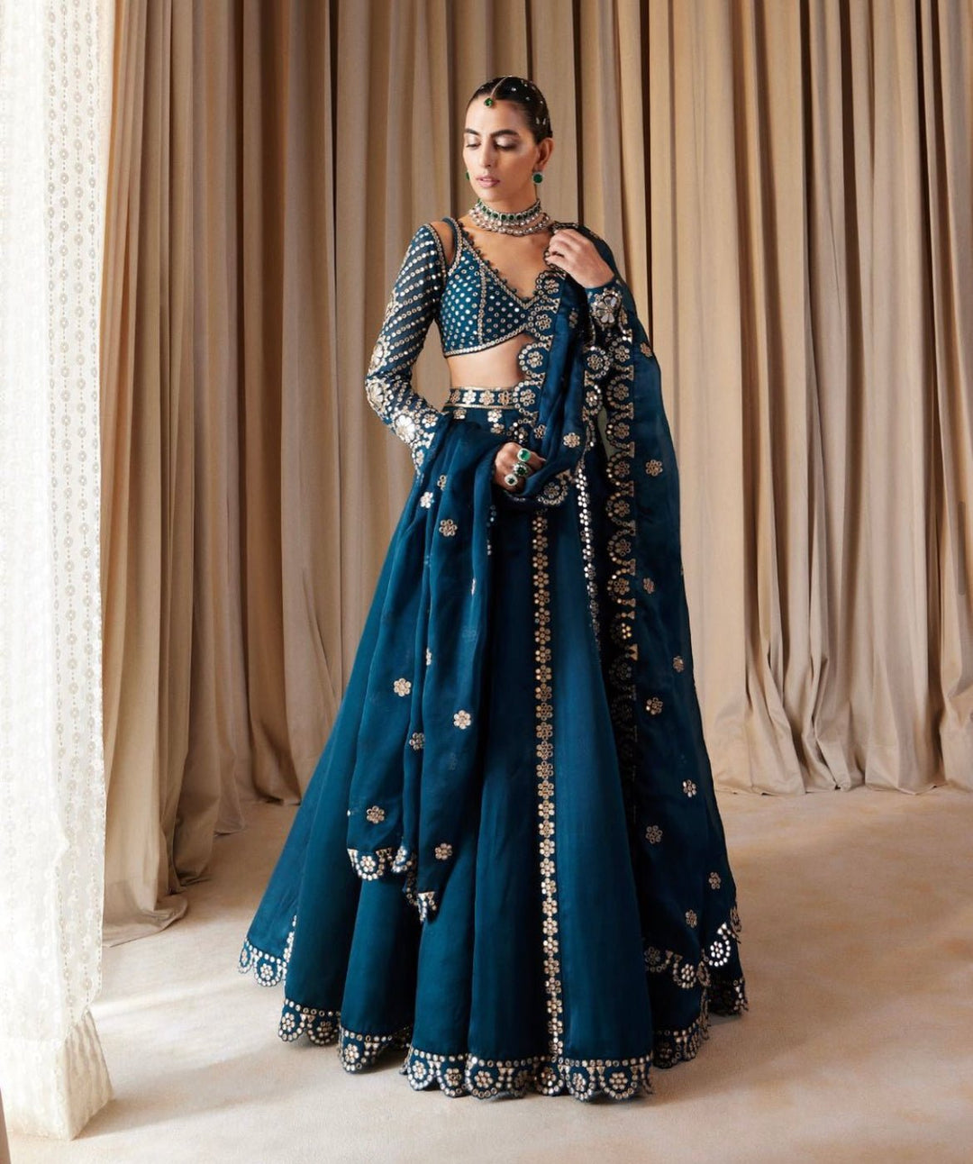 Deep Teal Flower Linear Lehenga Set Vvani by Vani Vats - Fabilicious Fashion