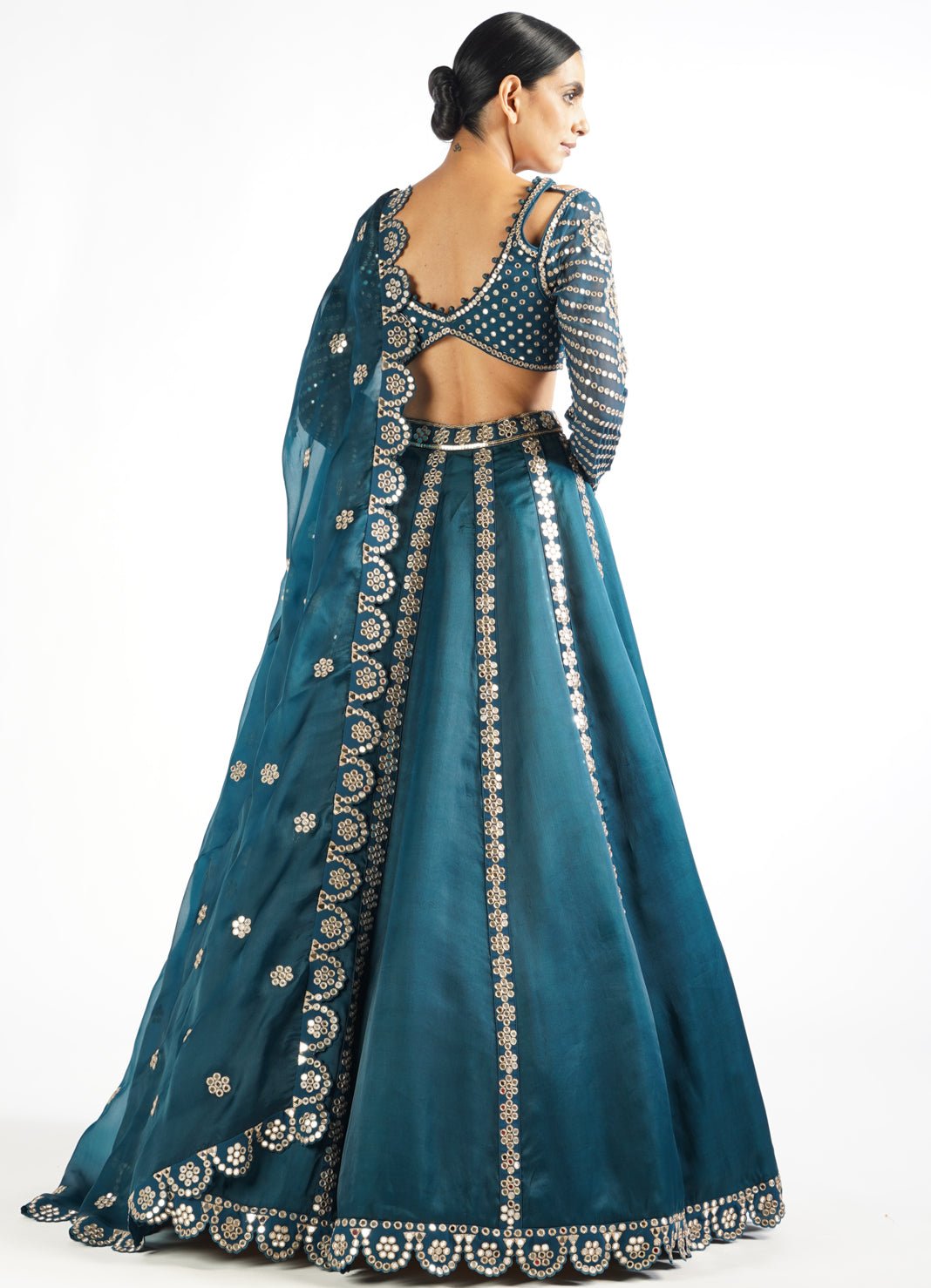 Deep Teal Flower Linear Lehenga Set Vvani by Vani Vats - Fabilicious Fashion