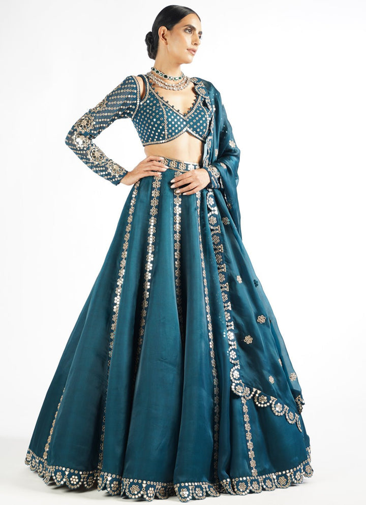 Deep Teal Flower Linear Lehenga Set Vvani by Vani Vats - Fabilicious Fashion
