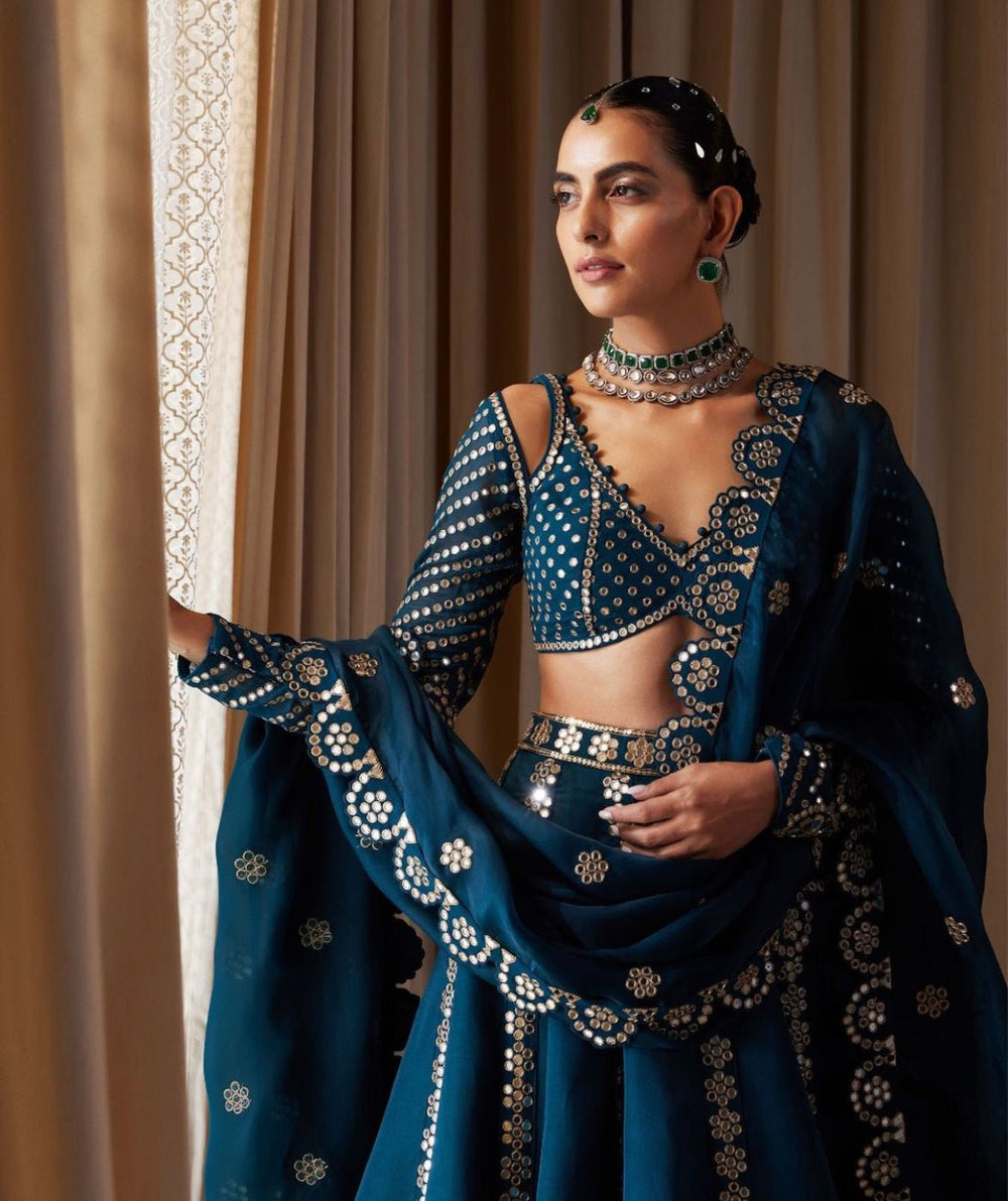 Deep Teal Flower Linear Lehenga Set Vvani by Vani Vats - Fabilicious Fashion