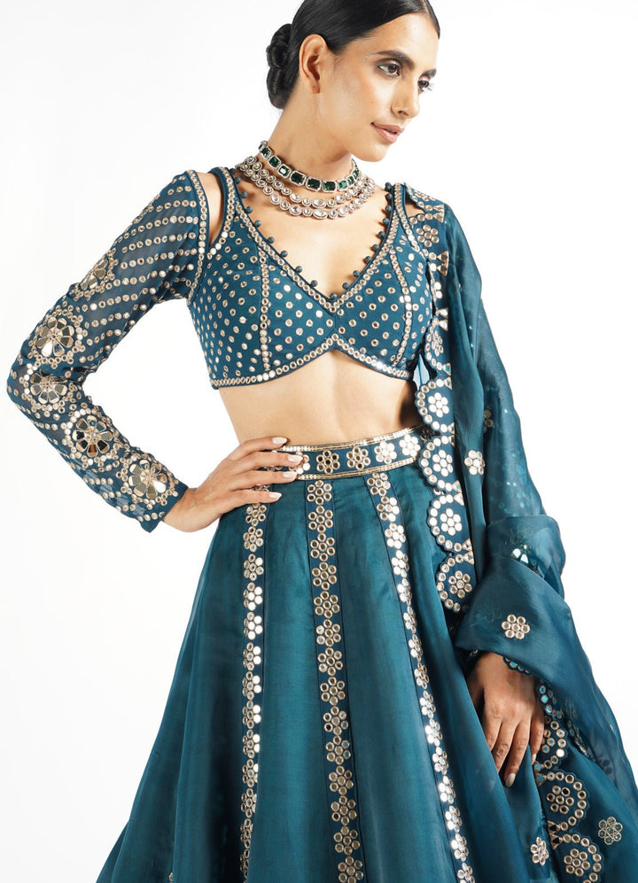Deep Teal Flower Linear Lehenga Set Vvani by Vani Vats - Fabilicious Fashion