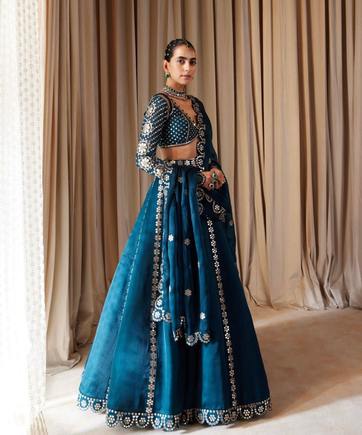 Deep Teal Flower Linear Lehenga Set Vvani by Vani Vats - Fabilicious Fashion