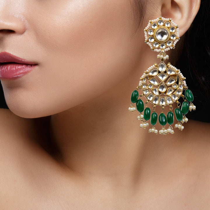 Drop Shaped Earrings With Green Hangings Riana by Shikha Jindal - Fabilicious Fashion