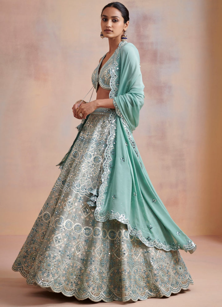 Dua Ice Blue Embroidered Lehenga Set Suhino - Fabilicious Fashion