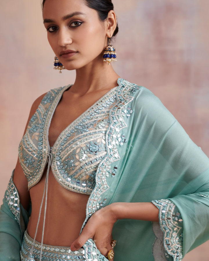 Dua Ice Blue Embroidered Lehenga Set Suhino - Fabilicious Fashion