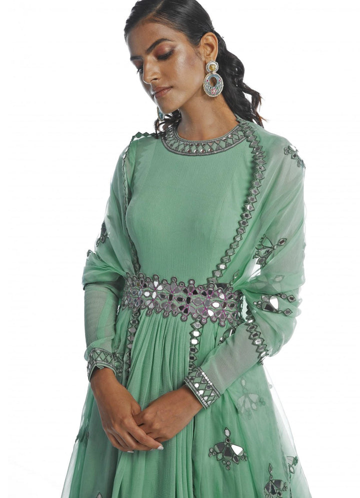 Dull Mint Chiffon Anarkali Set Vvani by Vani Vats - Fabilicious Fashion