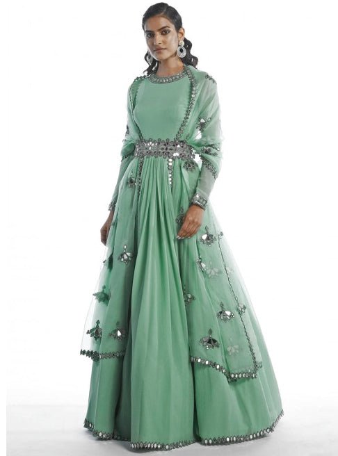 Dull Mint Chiffon Anarkali Set Vvani by Vani Vats - Fabilicious Fashion