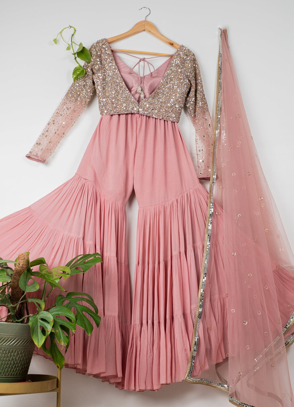 Dusky Pink Layered Sharara Set With Mirror and Sequins Blouse and Dupatta Anisha Shetty - Fabilicious Fashion