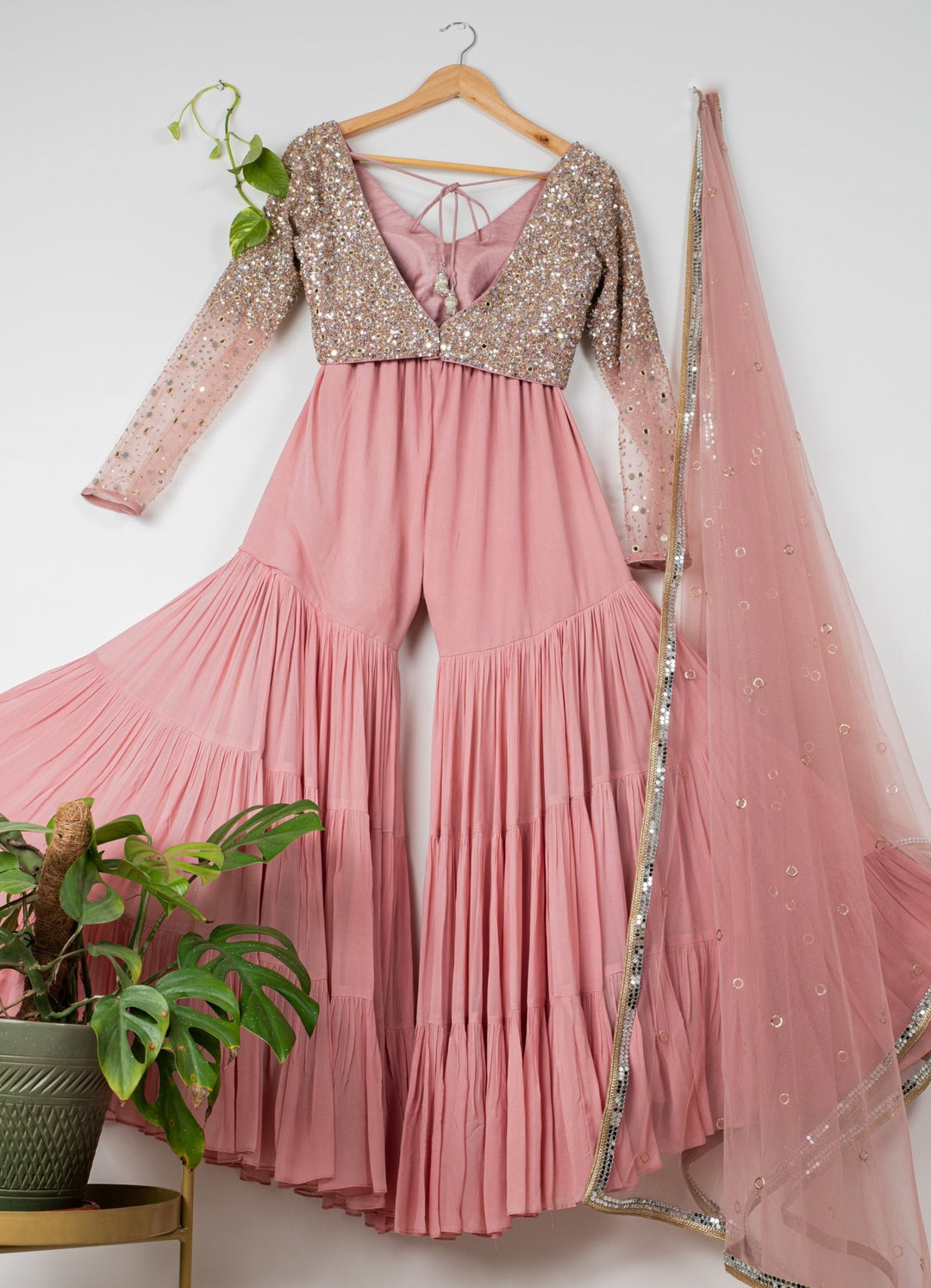 Dusky Pink Layered Sharara Set With Mirror and Sequins Blouse and Dupatta Anisha Shetty - Fabilicious Fashion