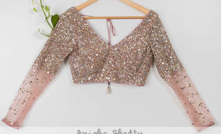 Dusky Pink Layered Sharara Set With Mirror and Sequins Blouse and Dupatta Anisha Shetty - Fabilicious Fashion