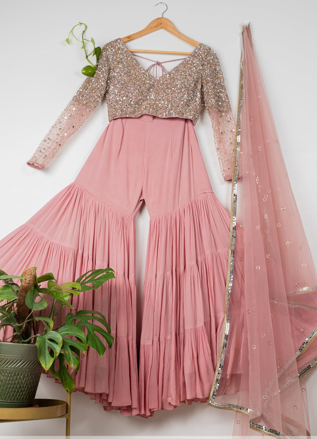 Dusky Pink Layered Sharara Set With Mirror and Sequins Blouse and Dupatta Anisha Shetty - Fabilicious Fashion