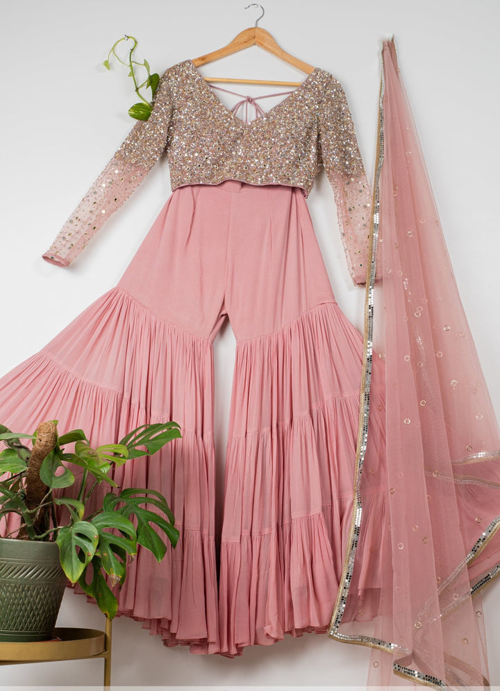 Dusky Pink Layered Sharara Set With Mirror and Sequins Blouse and Dupatta Anisha Shetty - Fabilicious Fashion