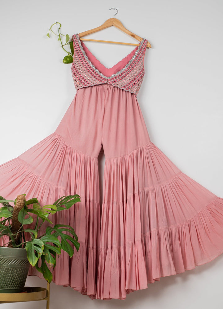Dusky Pink Layered Sharara Set With Mirror Blouse and Choker Dupatta Anisha Shetty - Fabilicious Fashion