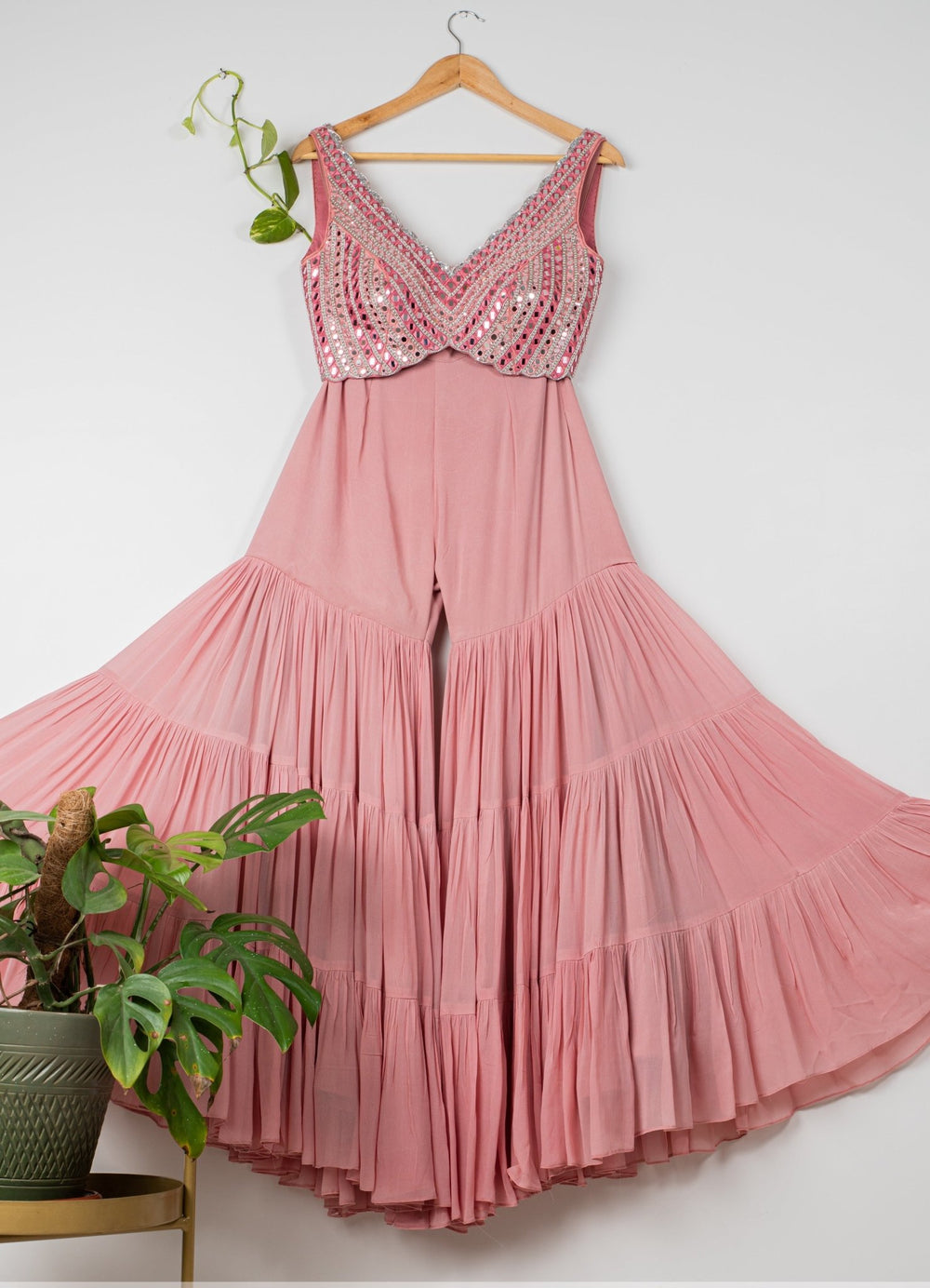 Dusky Pink Layered Sharara Set With Mirror Blouse and Choker Dupatta Anisha Shetty - Fabilicious Fashion