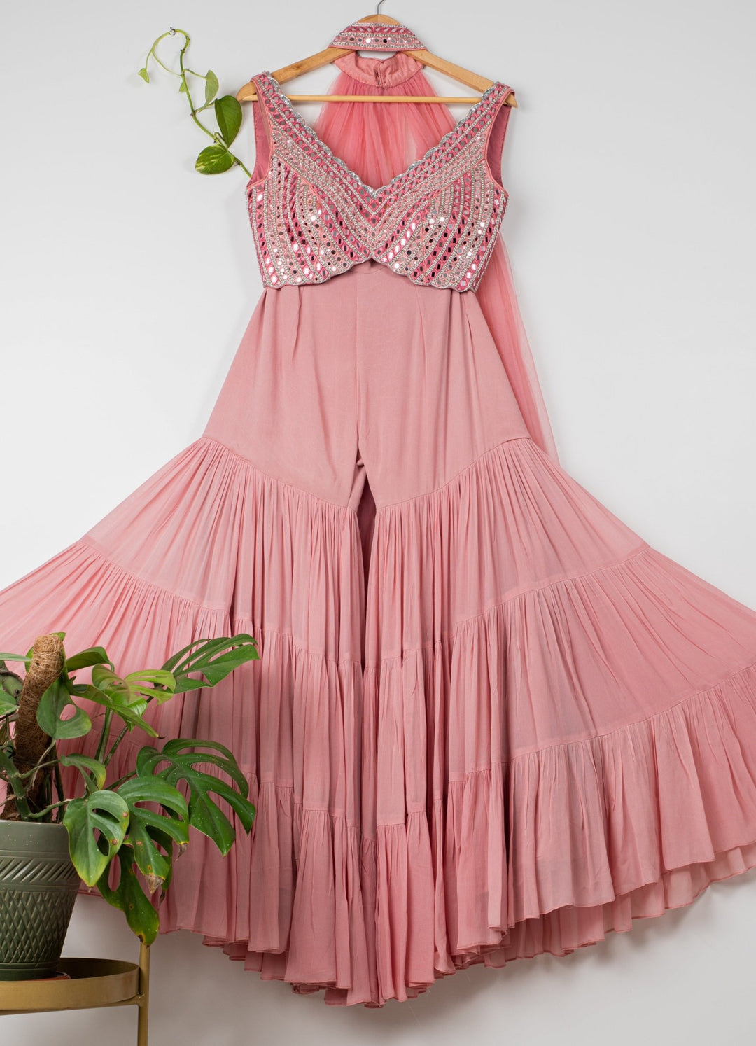 Dusky Pink Layered Sharara Set With Mirror Blouse and Choker Dupatta Anisha Shetty - Fabilicious Fashion