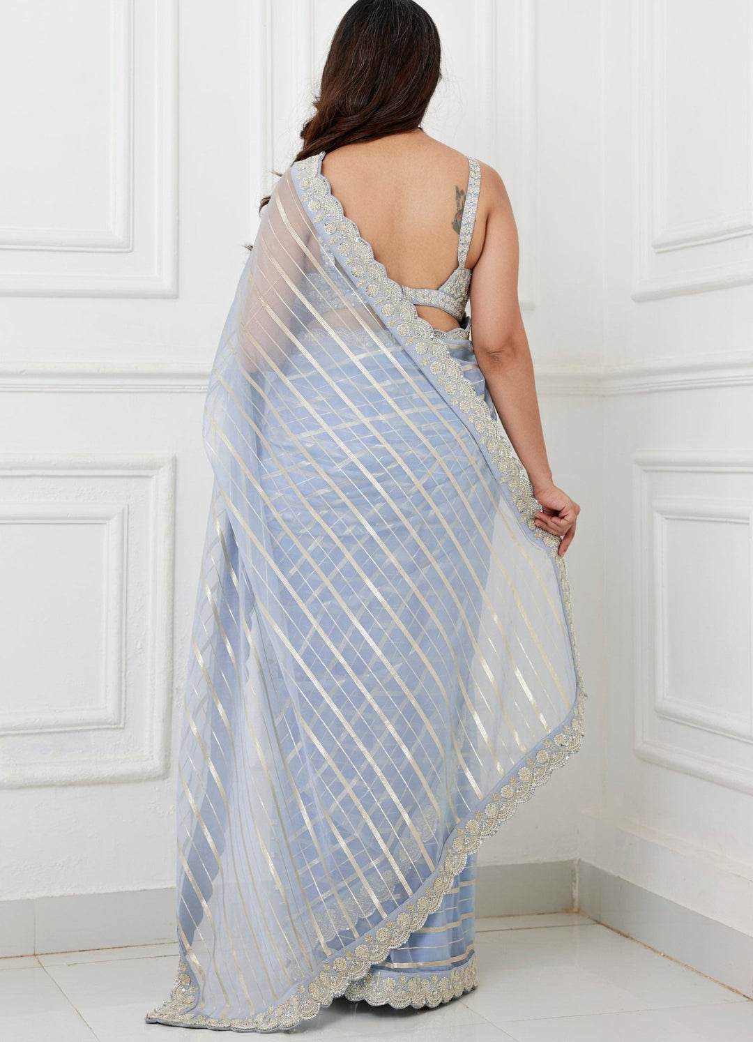Dusty Blue Embroidered Saree Set Chamee and Palak - Fabilicious Fashion