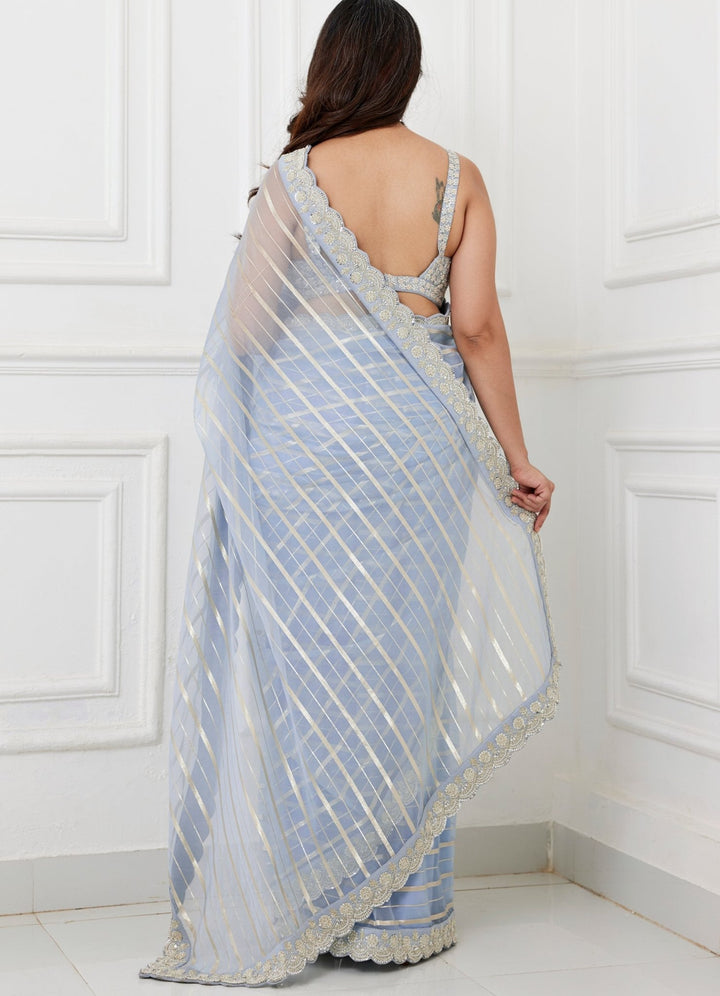 Dusty Blue Embroidered Saree Set Chamee and Palak - Fabilicious Fashion