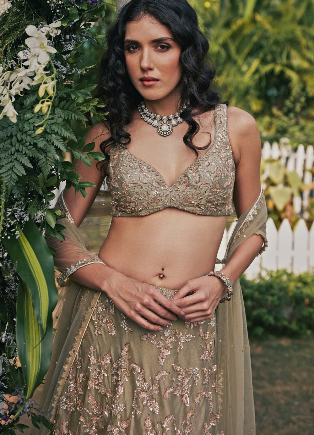 Dusty Green Embroidered Lehenga Set Chamee and Palak - Fabilicious Fashion
