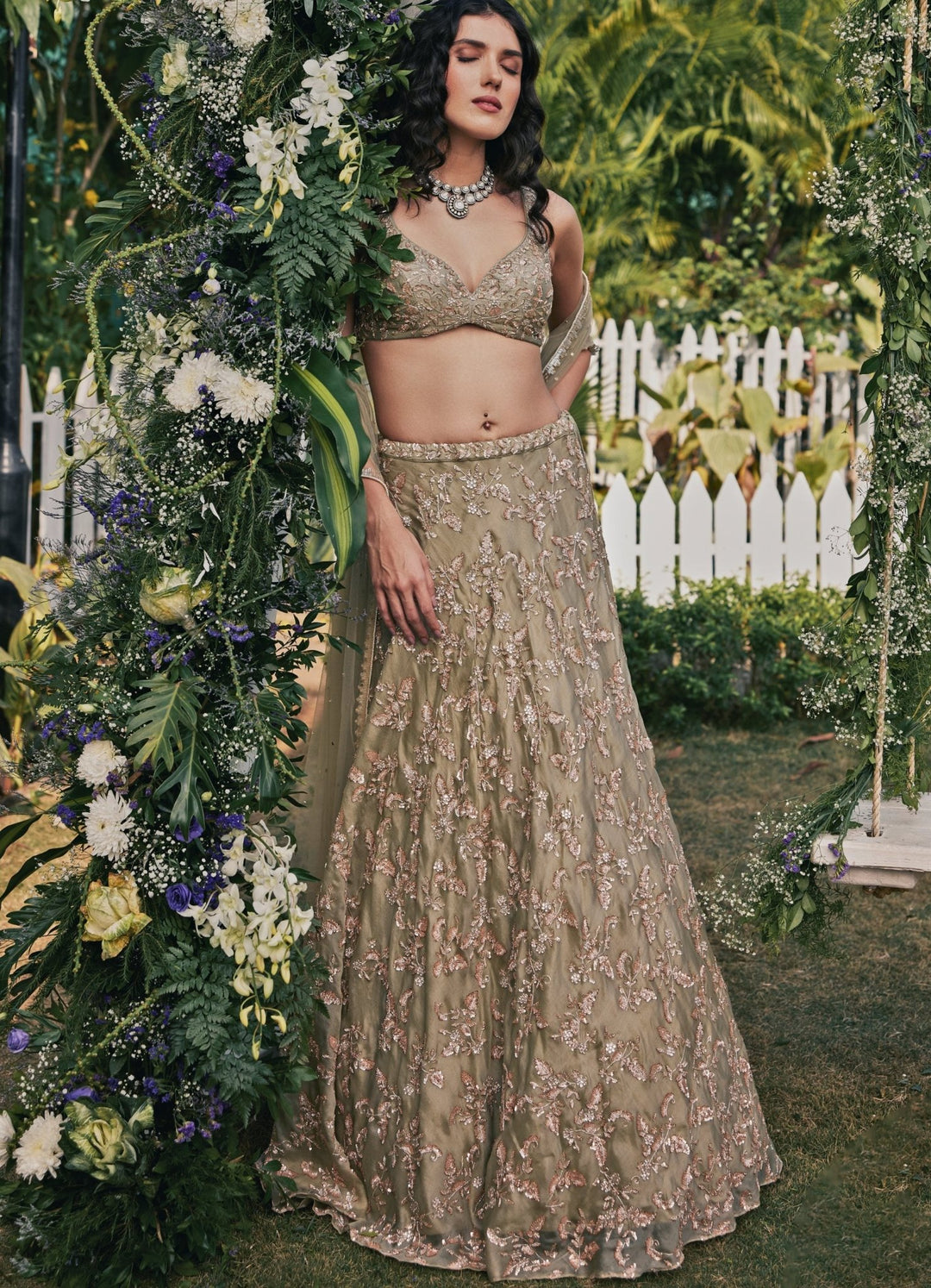 Dusty Green Embroidered Lehenga Set Chamee and Palak - Fabilicious Fashion