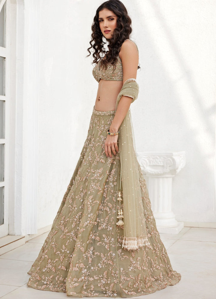 Dusty Green Embroidered Lehenga Set Chamee and Palak - Fabilicious Fashion