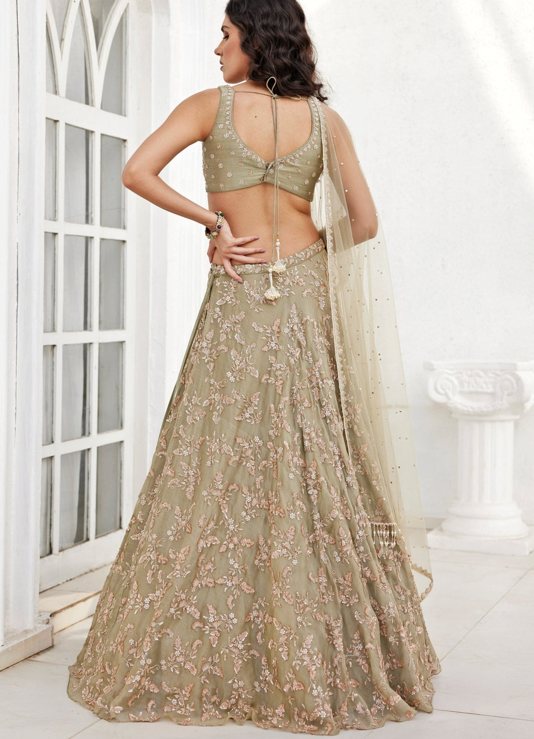 Dusty Green Embroidered Lehenga Set Chamee and Palak - Fabilicious Fashion