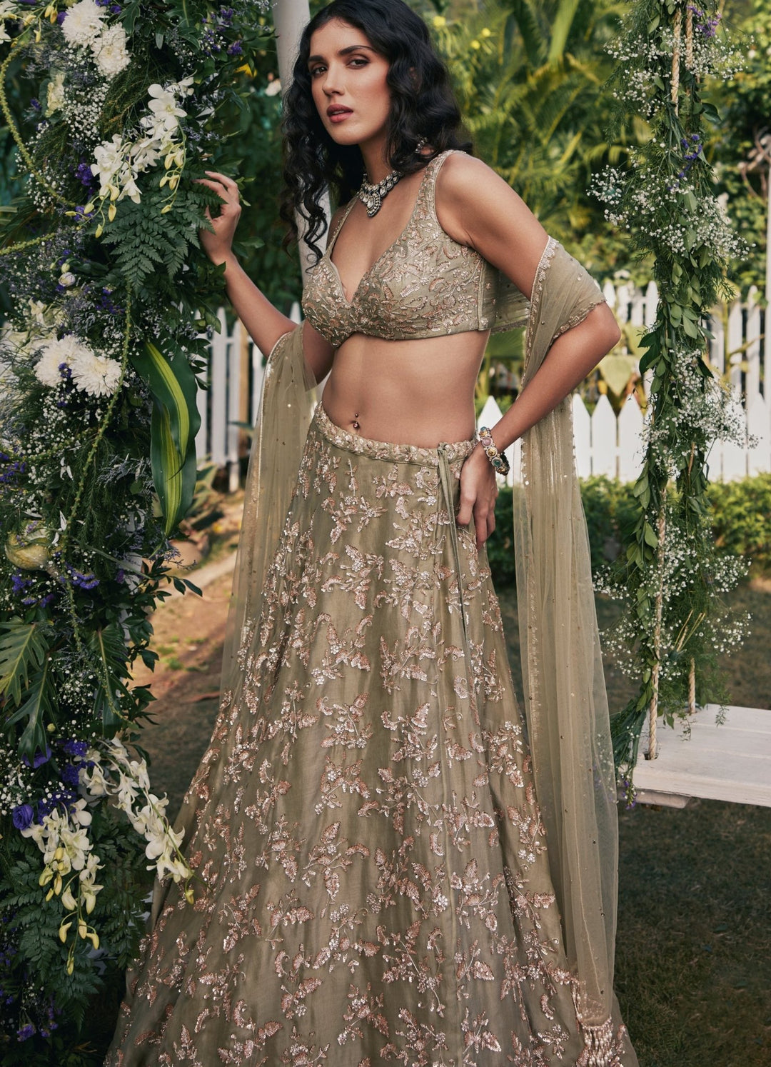 Dusty Green Embroidered Lehenga Set Chamee and Palak - Fabilicious Fashion