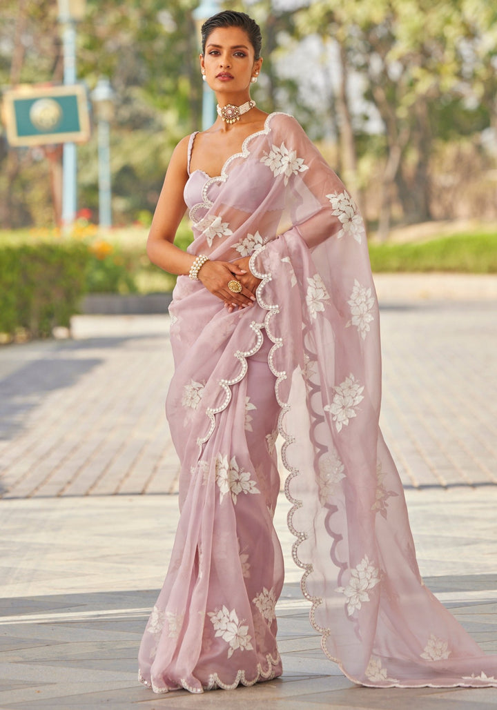 Dusty Lilac Applique Organza Saree Vvani by Vani Vats - Fabilicious Fashion