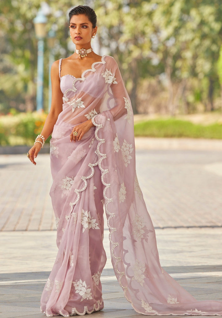 Dusty Lilac Applique Organza Saree Vvani by Vani Vats - Fabilicious Fashion