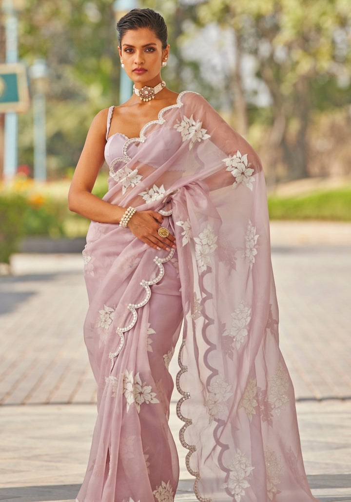 Dusty Lilac Applique Organza Saree Vvani by Vani Vats - Fabilicious Fashion