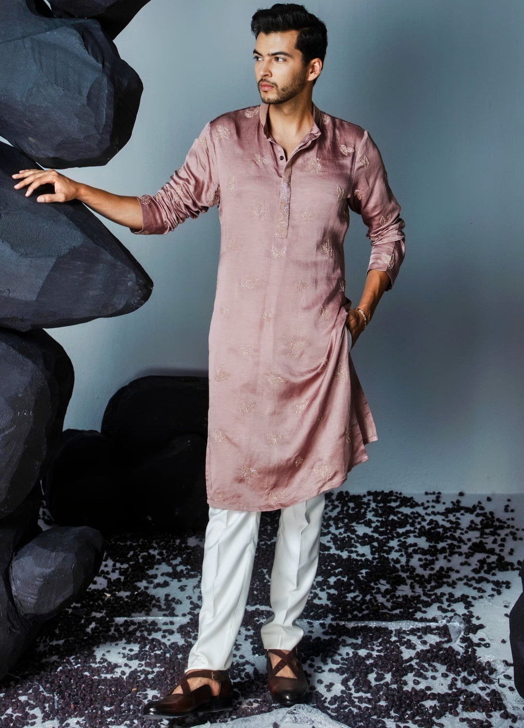 Dusty Mauve Leaf Motifs Silk Kurta Set Contrast By Parth - Fabilicious Fashion
