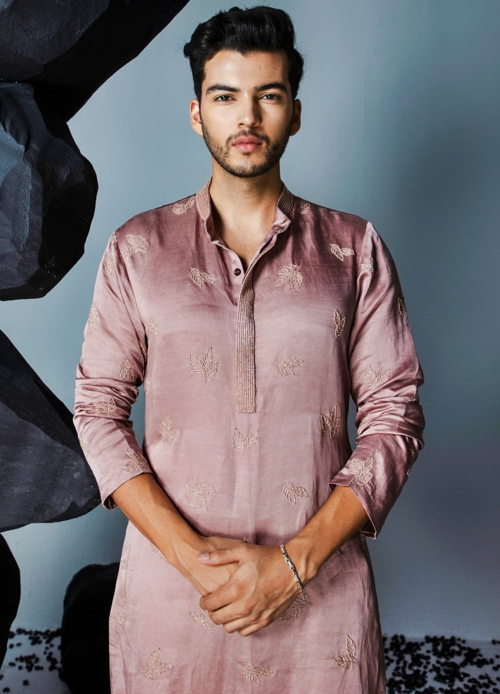 Dusty Mauve Leaf Motifs Silk Kurta Set Contrast By Parth - Fabilicious Fashion