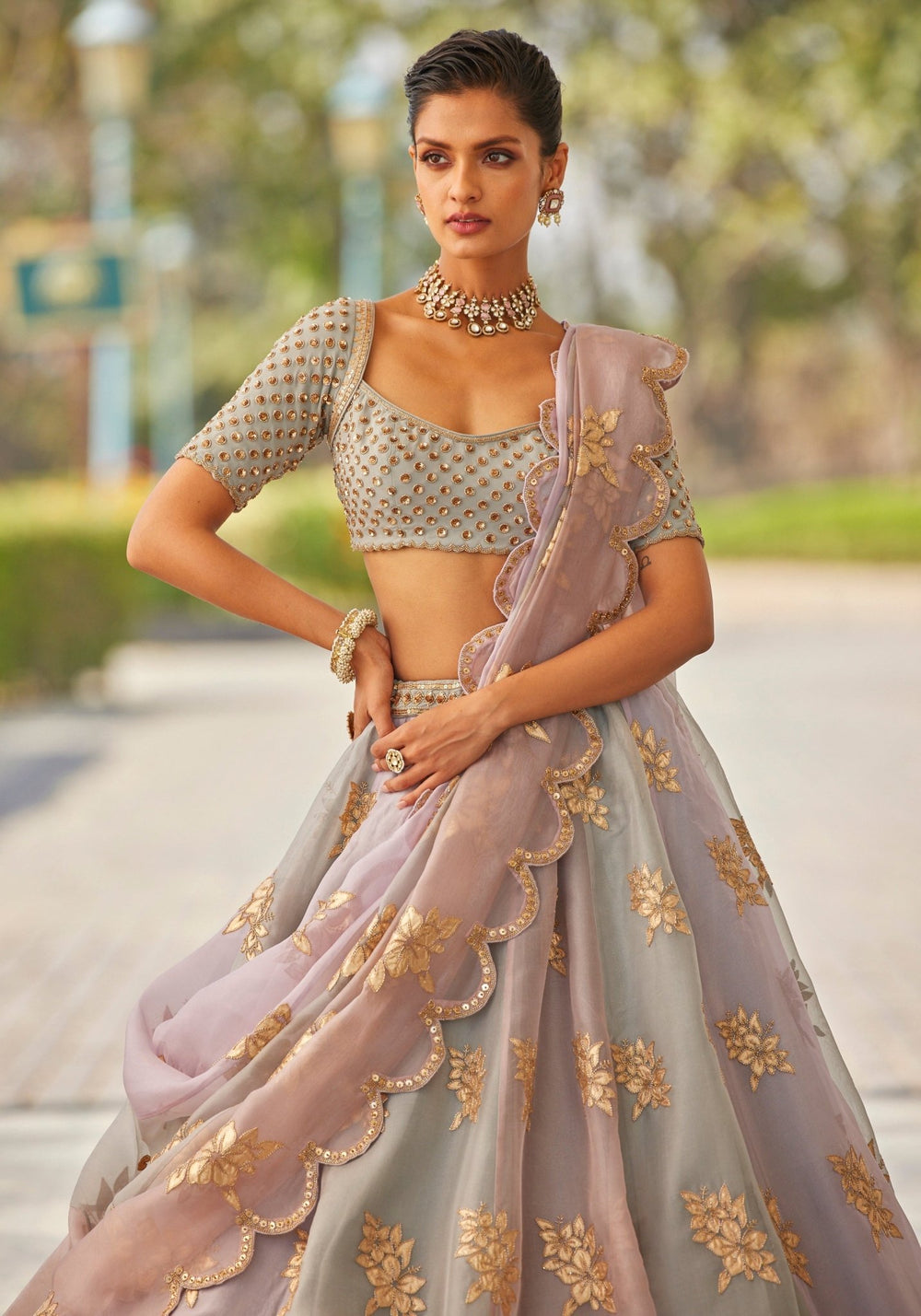 Dusty Pink and Grey Applique Lehenga With Sequinned Blouse Vvani by Vani Vats - Fabilicious Fashion